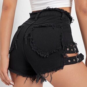 SHEIN Black Frayed Jean Shorts with Buckle Accents